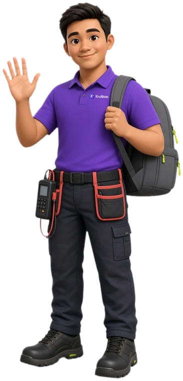 Niko, the KruNow mascot: a cartoon field engineer in a violet KruNow polo, waving